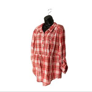 Torrid Red Plaid Peplum 3/4 Rolled Sleeves Blouse Top